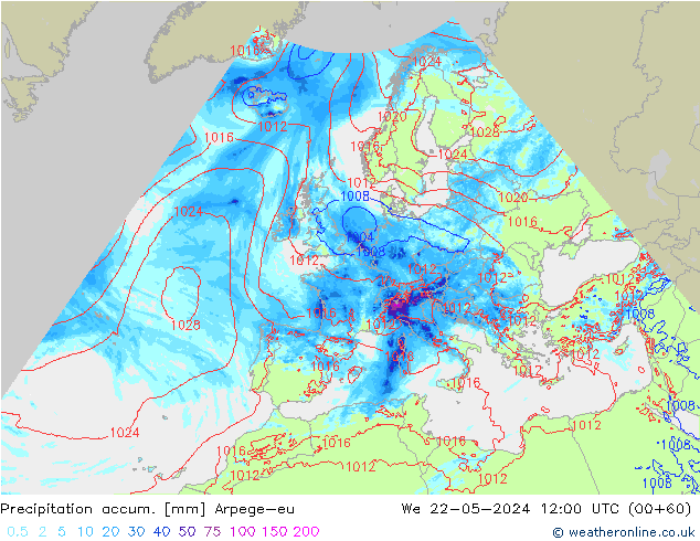 Totale neerslag Arpege-eu wo 22.05.2024 12 UTC