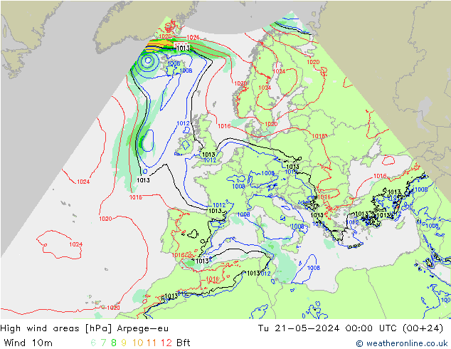 High wind areas Arpege-eu Tu 21.05.2024 00 UTC