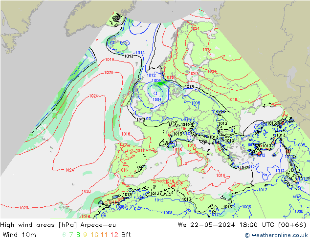 High wind areas Arpege-eu  22.05.2024 18 UTC