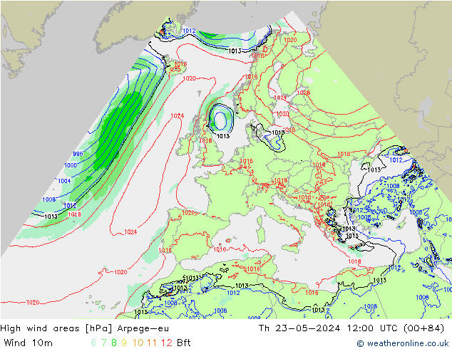 High wind areas Arpege-eu Th 23.05.2024 12 UTC