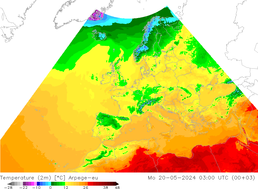 mapa temperatury (2m) Arpege-eu pon. 20.05.2024 03 UTC