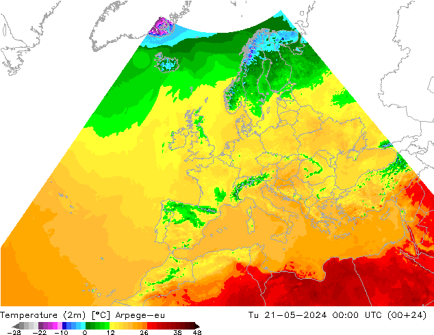 карта температуры Arpege-eu вт 21.05.2024 00 UTC