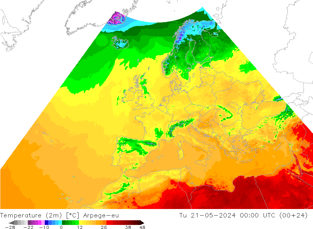 Temperatuurkaart (2m) Arpege-eu di 21.05.2024 00 UTC