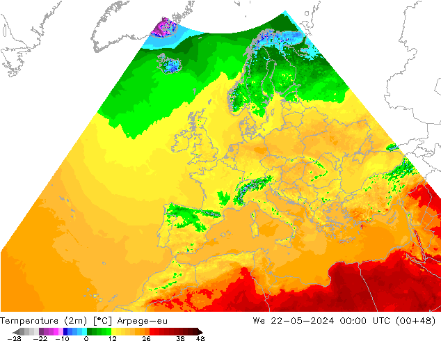 Temperaturkarte (2m) Arpege-eu Mi 22.05.2024 00 UTC