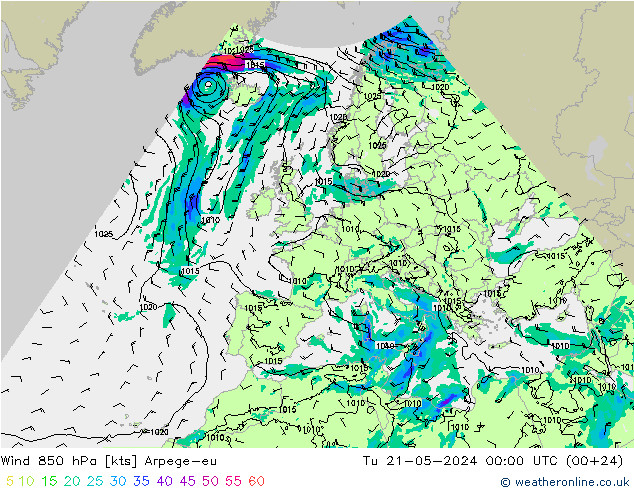Wind 850 hPa Arpege-eu Di 21.05.2024 00 UTC