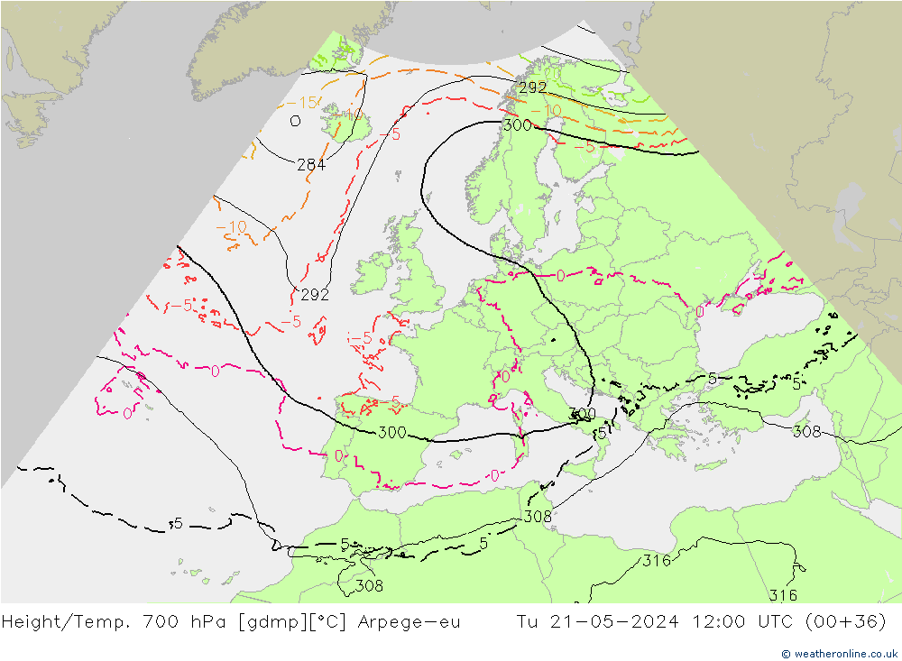 Height/Temp. 700 hPa Arpege-eu  21.05.2024 12 UTC