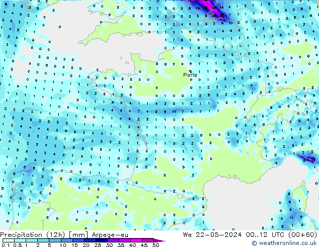 Precipitazione (12h) Arpege-eu mer 22.05.2024 12 UTC