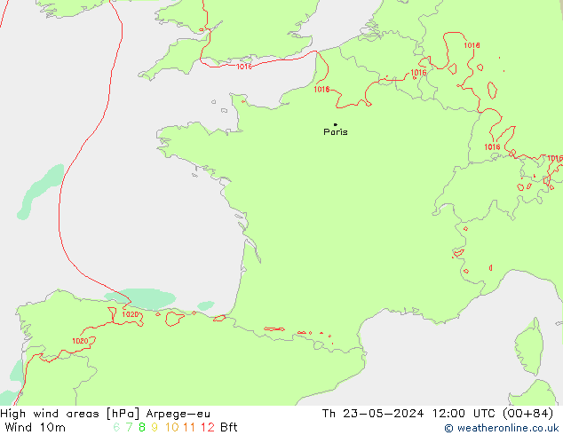 High wind areas Arpege-eu gio 23.05.2024 12 UTC