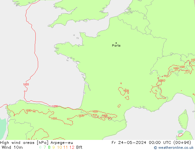 High wind areas Arpege-eu пт 24.05.2024 00 UTC