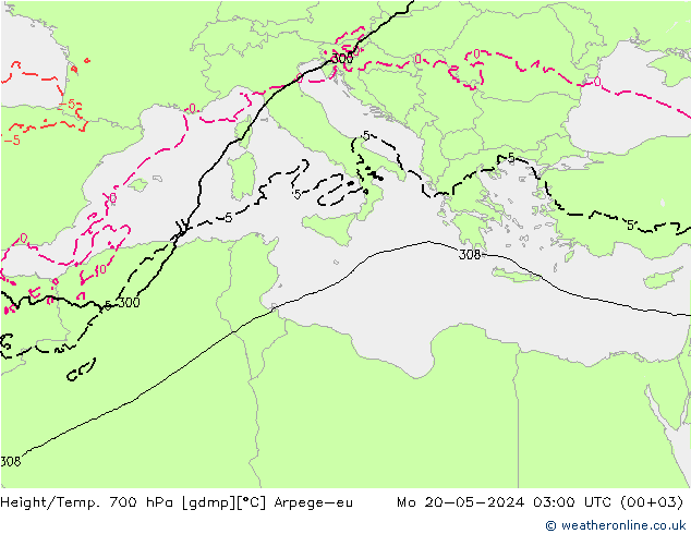Height/Temp. 700 hPa Arpege-eu Mo 20.05.2024 03 UTC