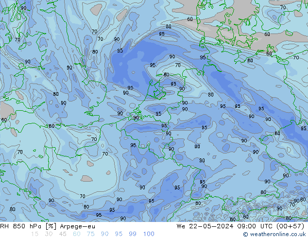 Humidité rel. 850 hPa Arpege-eu mer 22.05.2024 09 UTC