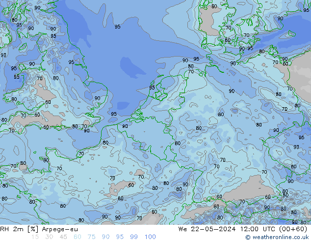 RH 2m Arpege-eu mer 22.05.2024 12 UTC
