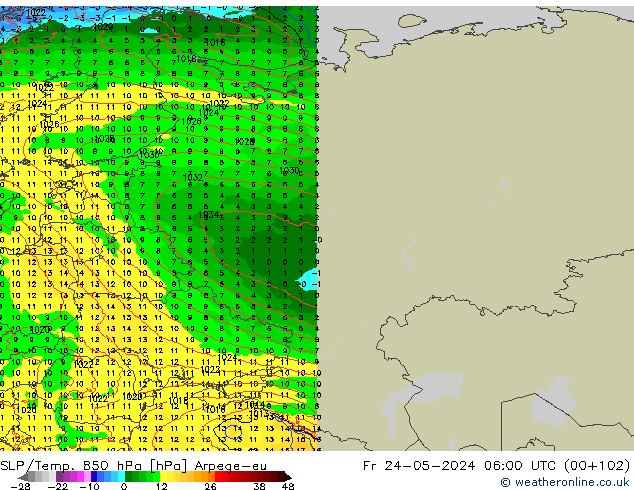 SLP/Temp. 850 hPa Arpege-eu Fr 24.05.2024 06 UTC