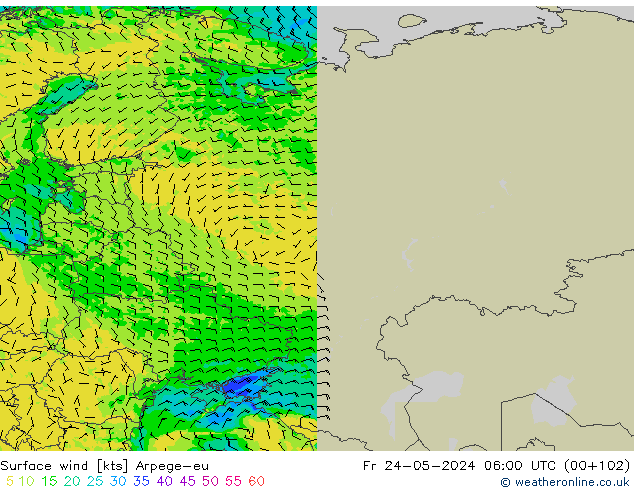 Wind 10 m Arpege-eu vr 24.05.2024 06 UTC