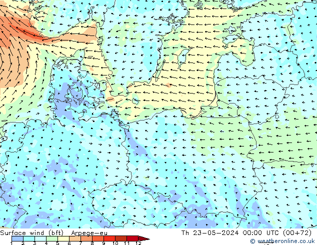 Wind 10 m (bft) Arpege-eu do 23.05.2024 00 UTC