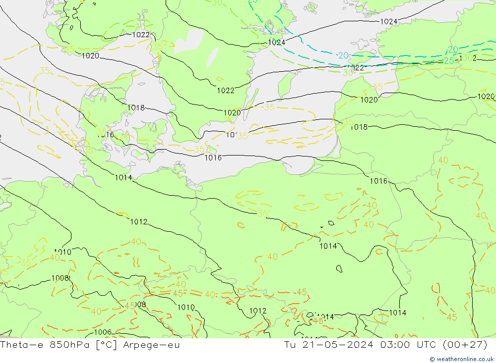 Theta-e 850hPa Arpege-eu Út 21.05.2024 03 UTC