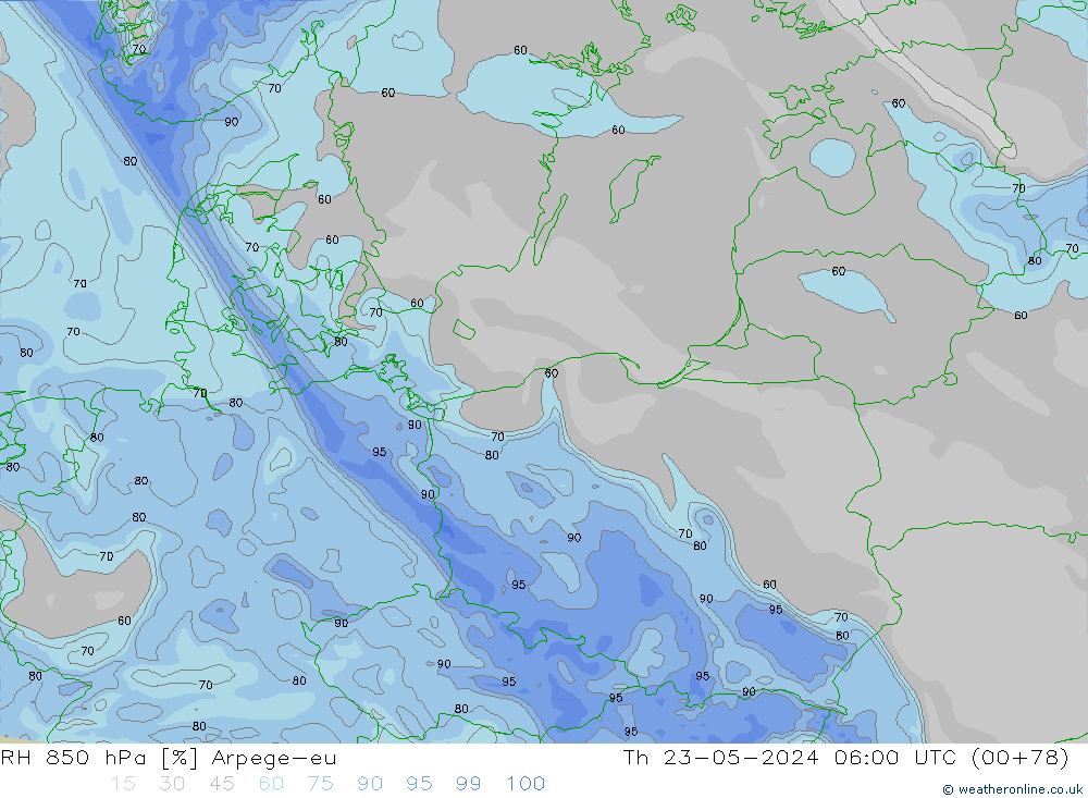 Humedad rel. 850hPa Arpege-eu jue 23.05.2024 06 UTC