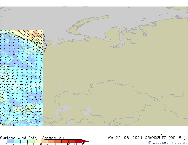 Surface wind (bft) Arpege-eu We 22.05.2024 03 UTC