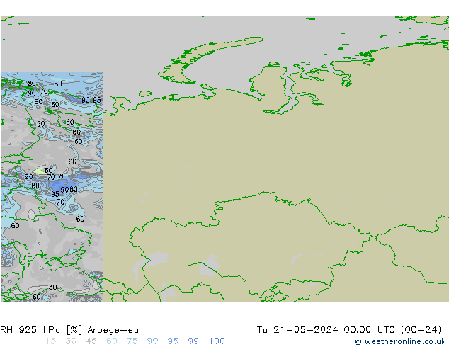 RH 925 гПа Arpege-eu вт 21.05.2024 00 UTC