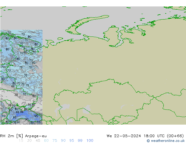 Humedad rel. 2m Arpege-eu mié 22.05.2024 18 UTC