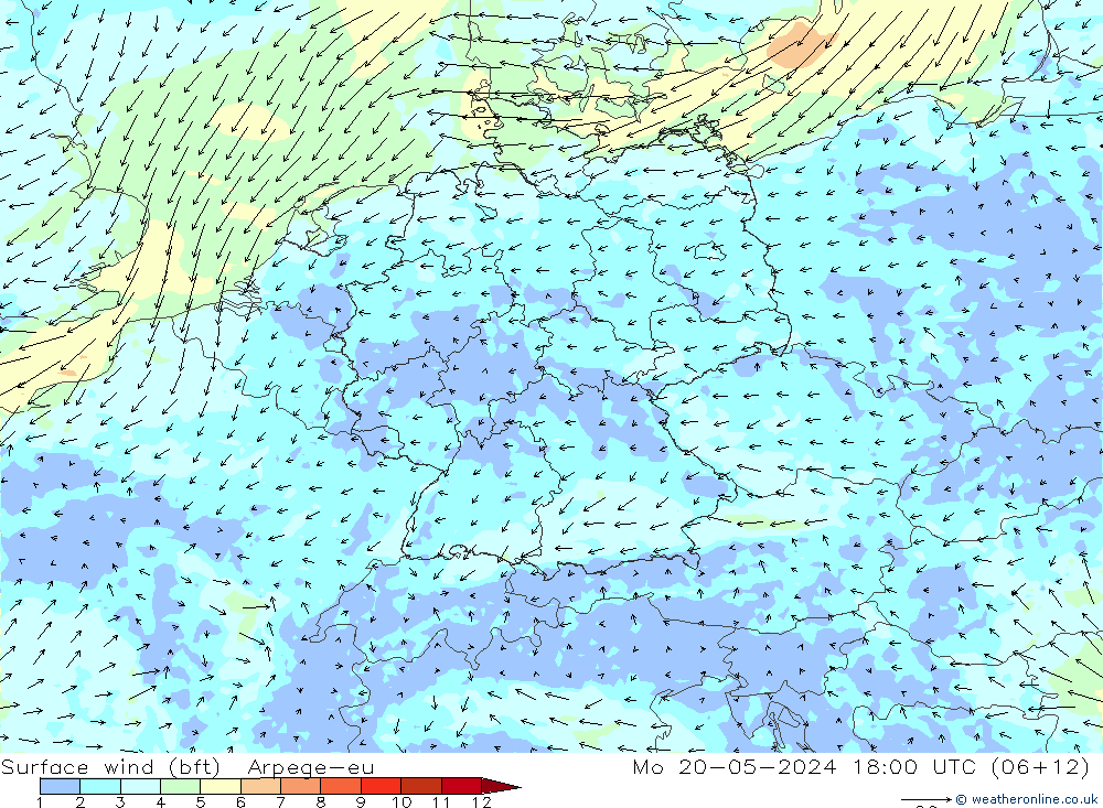 Surface wind (bft) Arpege-eu Po 20.05.2024 18 UTC