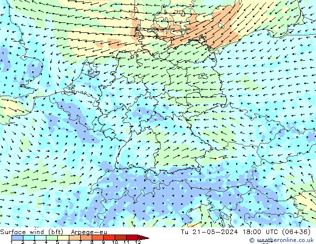 Wind 10 m (bft) Arpege-eu di 21.05.2024 18 UTC