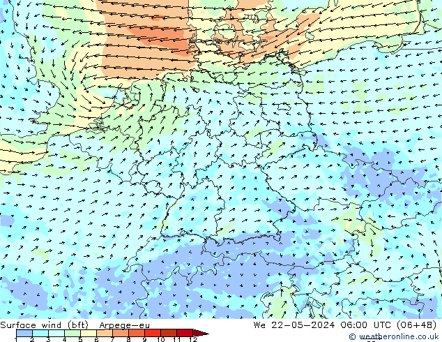 Surface wind (bft) Arpege-eu St 22.05.2024 06 UTC
