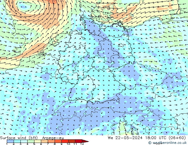 Wind 10 m (bft) Arpege-eu wo 22.05.2024 18 UTC