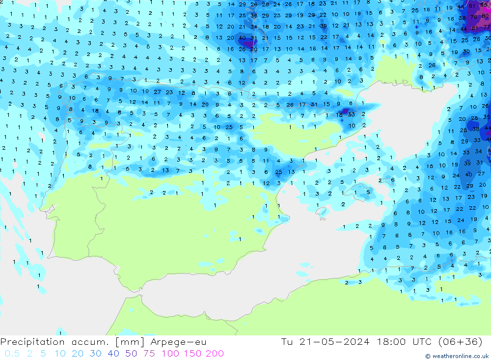 Precipitation accum. Arpege-eu  21.05.2024 18 UTC