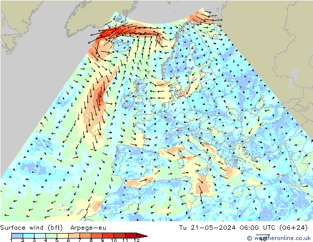 Surface wind (bft) Arpege-eu Tu 21.05.2024 06 UTC