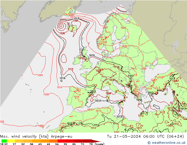 Max. wind velocity Arpege-eu mar 21.05.2024 06 UTC