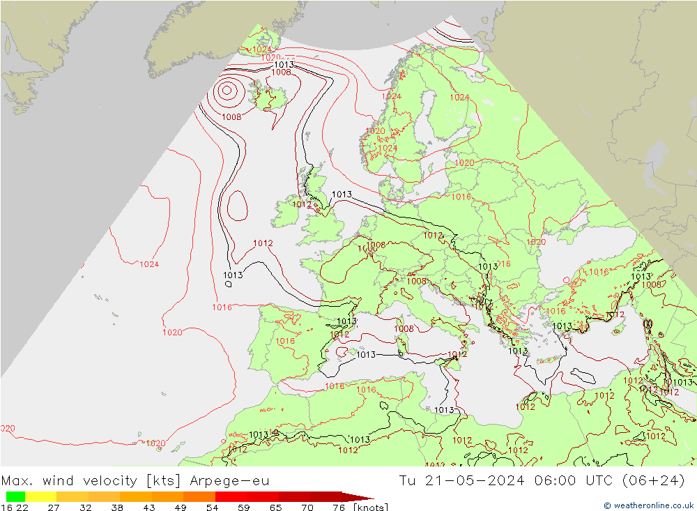 Max. wind velocity Arpege-eu вт 21.05.2024 06 UTC