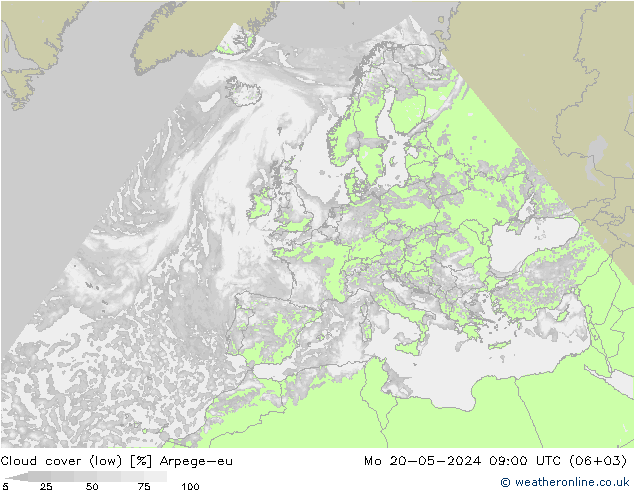 Cloud cover (low) Arpege-eu Mo 20.05.2024 09 UTC