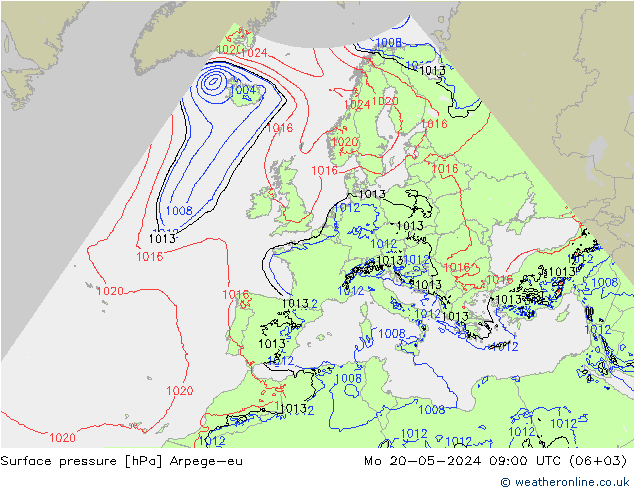 Pressione al suolo Arpege-eu lun 20.05.2024 09 UTC