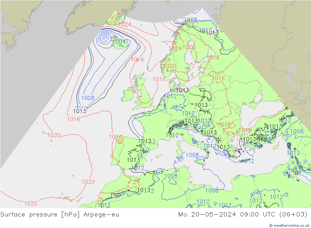 Surface pressure Arpege-eu Mo 20.05.2024 09 UTC