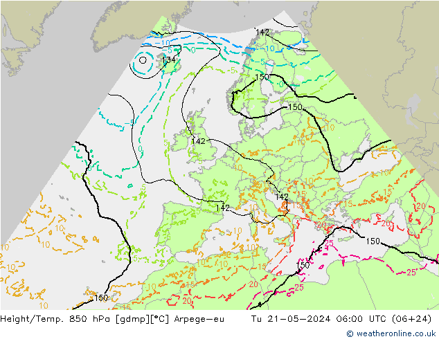 Hoogte/Temp. 850 hPa Arpege-eu di 21.05.2024 06 UTC
