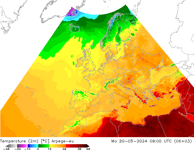 Temperaturkarte (2m) Arpege-eu Mo 20.05.2024 09 UTC