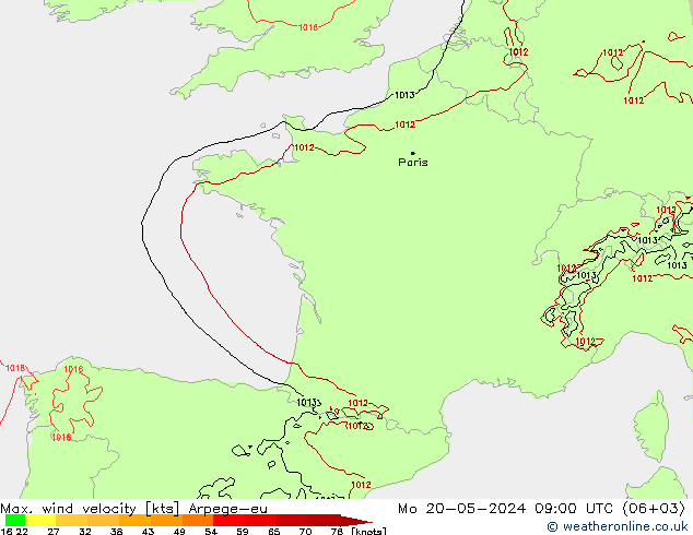 Max. wind velocity Arpege-eu  20.05.2024 09 UTC