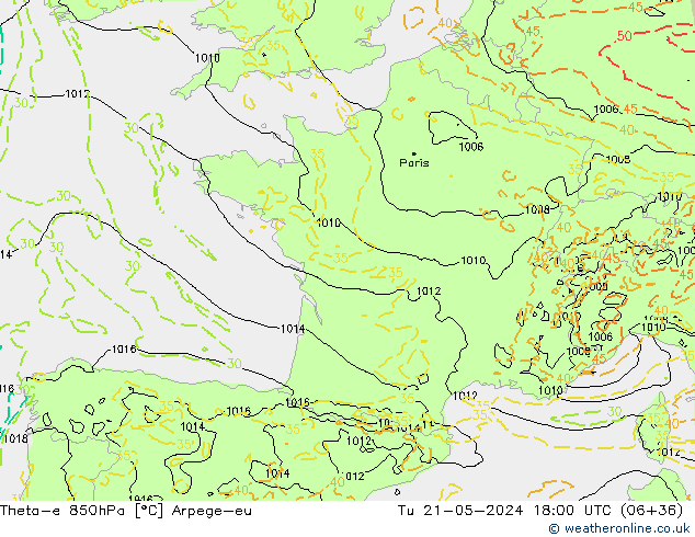 Theta-e 850hPa Arpege-eu Tu 21.05.2024 18 UTC