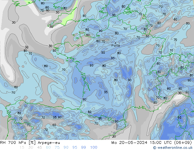 Humidité rel. 700 hPa Arpege-eu lun 20.05.2024 15 UTC