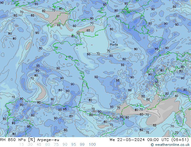 Humedad rel. 850hPa Arpege-eu mié 22.05.2024 09 UTC