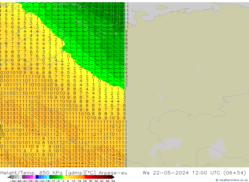 Hoogte/Temp. 850 hPa Arpege-eu wo 22.05.2024 12 UTC