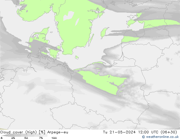 Cloud cover (high) Arpege-eu Tu 21.05.2024 12 UTC