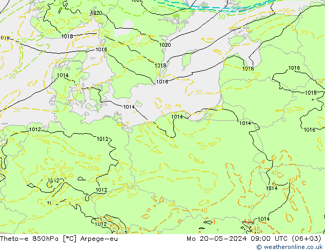 Theta-e 850hPa Arpege-eu Mo 20.05.2024 09 UTC