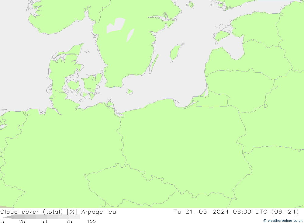 Cloud cover (total) Arpege-eu Út 21.05.2024 06 UTC