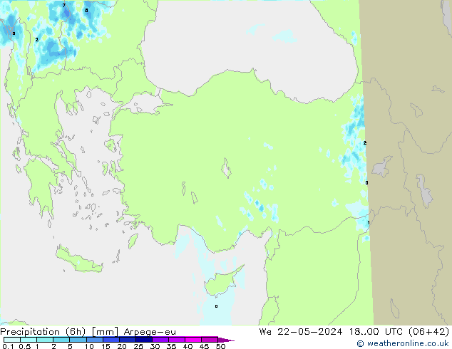 Totale neerslag (6h) Arpege-eu wo 22.05.2024 00 UTC
