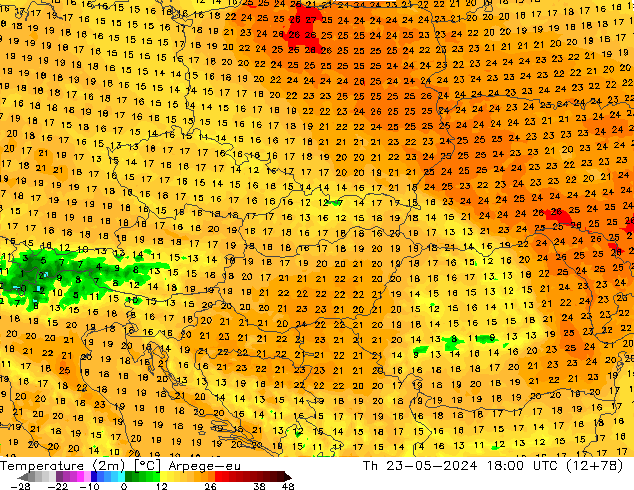 Sıcaklık Haritası (2m) Arpege-eu Per 23.05.2024 18 UTC