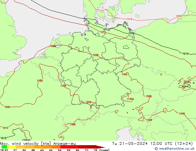 Max. wind velocity Arpege-eu Tu 21.05.2024 12 UTC