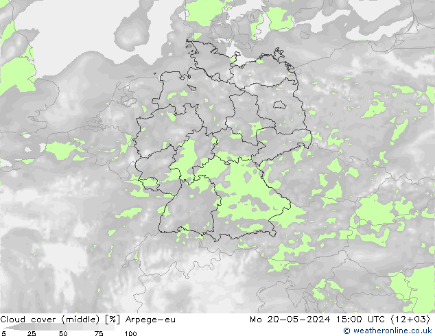 Cloud cover (middle) Arpege-eu Mo 20.05.2024 15 UTC
