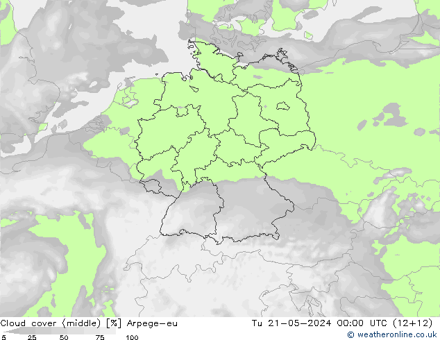Cloud cover (middle) Arpege-eu Tu 21.05.2024 00 UTC
